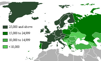 HDP na obyvatele v USD za rok 2012 pro jednotlivé státy Evropy