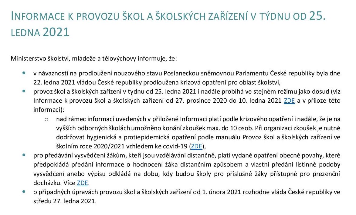 INFORMACE K PROVOZU ŠKOL A ŠKOLSKÝCH ZAŘÍZENÍ V TÝDNU OD 25. LEDNA 2021