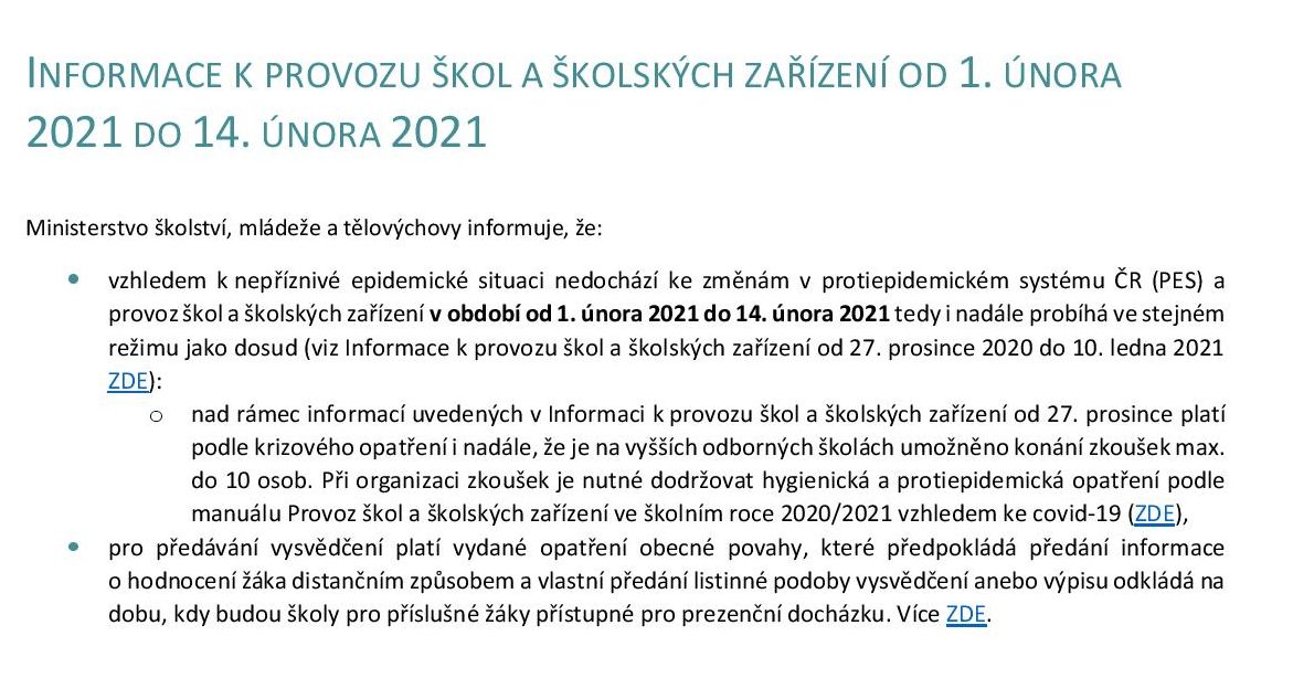 Informace k provozu škol od 1. do 14. února 2021