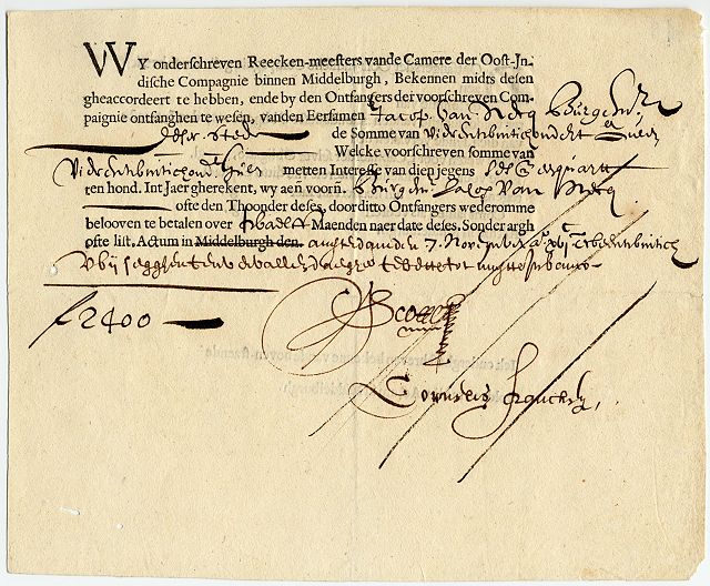 Obligace (dluhopis - angl. bond) Nizozemské vychdoindické společnosti z roku 1622
