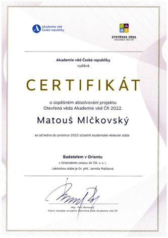 Certifikát Matouše Mlčkovského